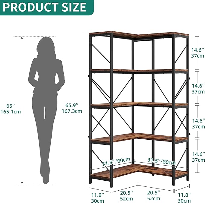 YITAHOME Corner Bookshelf, Industrial Corner Shelf 5 Tier Bookcase, Large Display Rack Storage for Bedroom, Living Room, Home Office,Rustic Brown - LeafyLoom