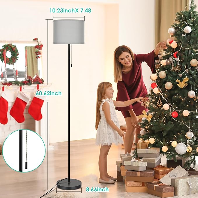 FOLKSMATE Floor Lamp for Living Room, Modern LED Simple Standing Lamps, Minimalist Tall Lamp for Bedroom, Living Room, Office, Kids Room, Reading Light, Black Pole Lamp with Grey Shade, without Bulb - LeafyLoom