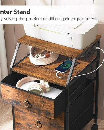 HOOBRO 2-Drawer Mobile File Cabinet, Filing Cabinet with Charging Station, Printer Stand with Open Storage Shelf, for A4/Letter Size, Home Office, Nonwovens Drawer, Rustic Brown and Black BF10UWJ01 - LeafyLoom