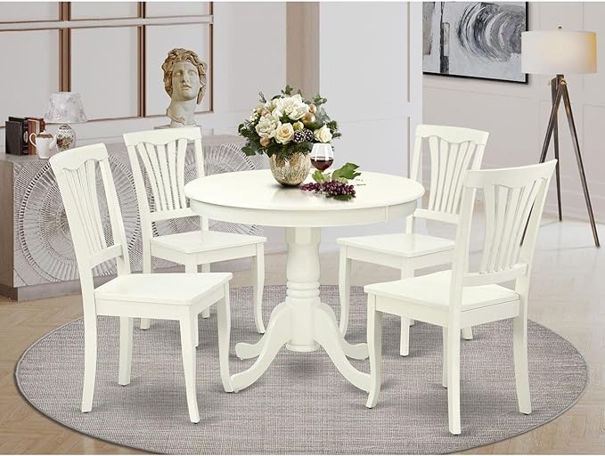 East West Furniture ANAV5-LWH-W 5 Piece Room Set Includes a Round Kitchen Table with Pedestal and 4 Dining Chairs, 36x36 Inch - LeafyLoom