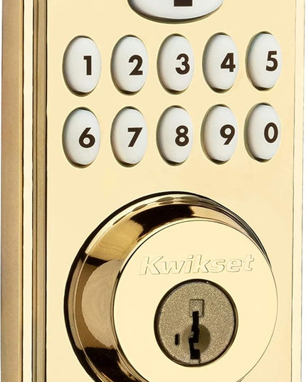 Kwikset 914 Traditional Keypad SmartCode Electronic Deadbolt Smart Lock featuring SmartKey Security and ZigBee 3.0 Technology in Polished Brass Kwikset