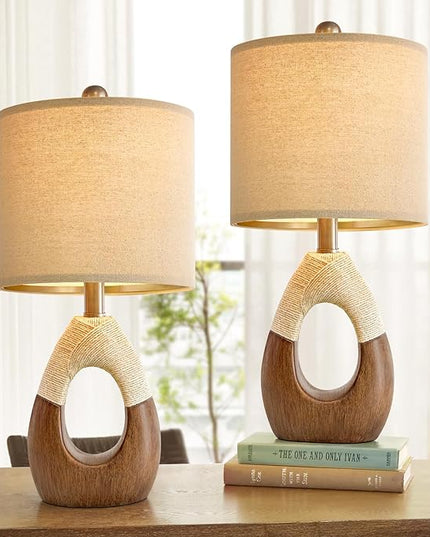 OYEARS Boho Table Lamps Bedroom Living Room Set 2 Sleeping and Reading,Small Farmhouse RattanTable Lamp 19”Rustic Egg Design Resin Light Decoration,Nightstand Bedside Lamps for Office Study Rest - LeafyLoom