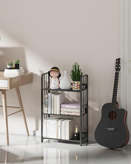 Bookshelf Storage Shelf Bookcase Freestanding Storage Stand Book Organizer for Living Room, Bedroom, Kitchen, Rust Resistance,Easy Assembly Multi-Functional Organizer (3 Tiers Black) - LeafyLoom