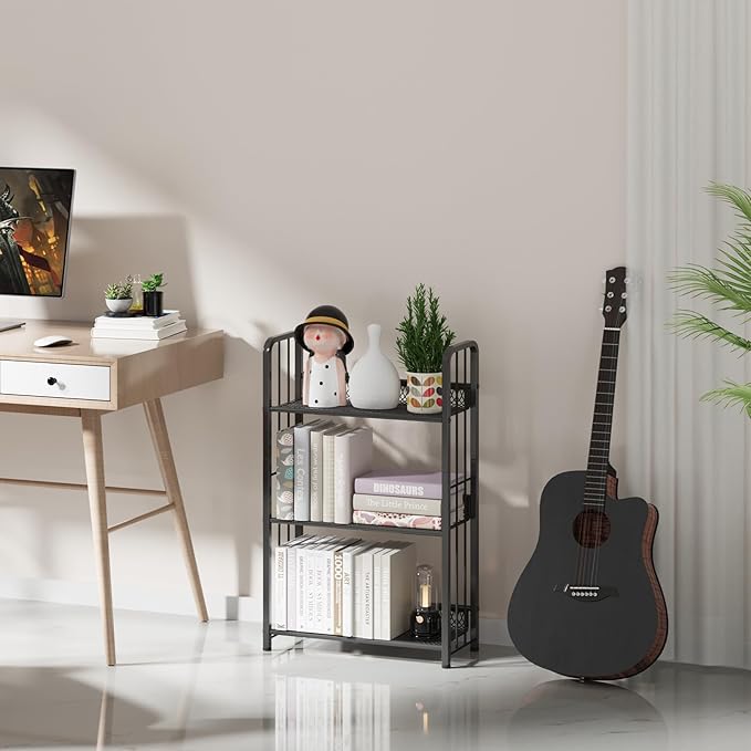 Bookshelf Storage Shelf Bookcase Freestanding Storage Stand Book Organizer for Living Room, Bedroom, Kitchen, Rust Resistance,Easy Assembly Multi-Functional Organizer (3 Tiers Black) - LeafyLoom
