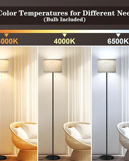 VerRon Floor Lamp for Living Room, Standing Lamp with 3 Color Temperatures LED Bulb, Tall Lamp for Bedroom Office, Black Floor Lamp with Pull Chain, Modern Corner Floor Lamp Bright Light - LeafyLoom