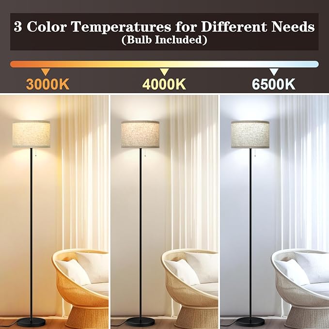 VerRon Floor Lamp for Living Room, Standing Lamp with 3 Color Temperatures LED Bulb, Tall Lamp for Bedroom Office, Black Floor Lamp with Pull Chain, Modern Corner Floor Lamp Bright Light - LeafyLoom