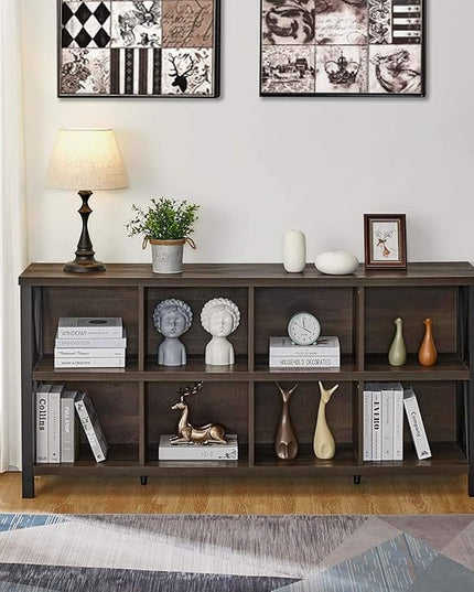 FATORRI 8 Cube Storage Organizer Bookshelf, Rustic Wood Cubby Bookcase, Industrial Horizontal Long Shelf for Living Room (Walnut Brown, 62 Inch) - LeafyLoom