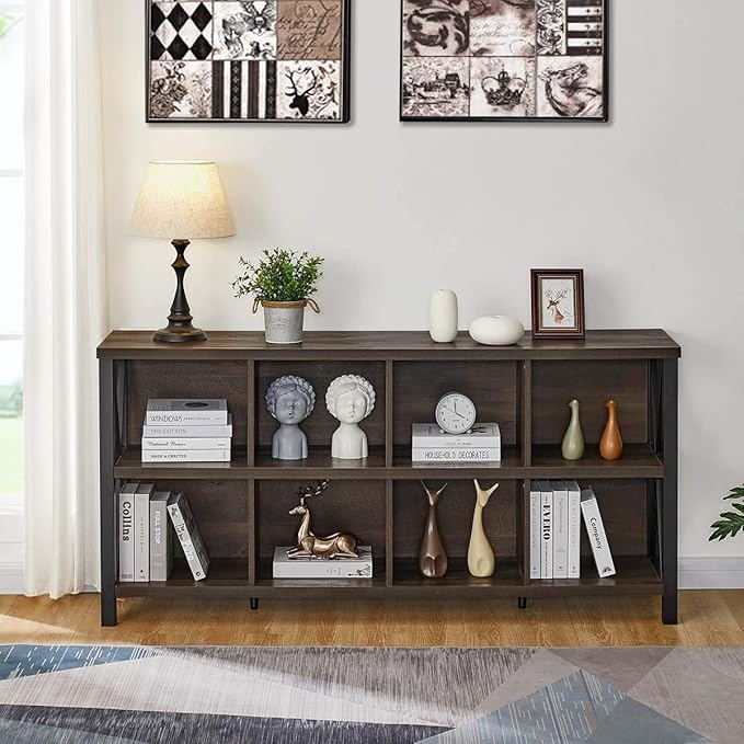FATORRI 8 Cube Storage Organizer Bookshelf, Rustic Wood Cubby Bookcase, Industrial Horizontal Long Shelf for Living Room (Walnut Brown, 62 Inch) - LeafyLoom