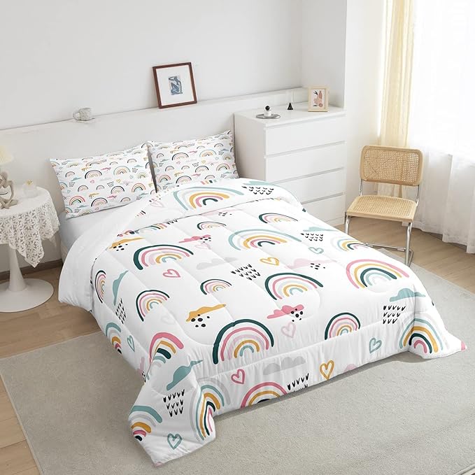 Erosebridal Rainbow Bedding Set for Kids Girls, Pink Love Heart Comforter Set Twin Size Cartoon Cloud Geometric Stripes Bedding Comforter for Boys Children Women Watercolor Art Girly Duvet Sets - LeafyLoom