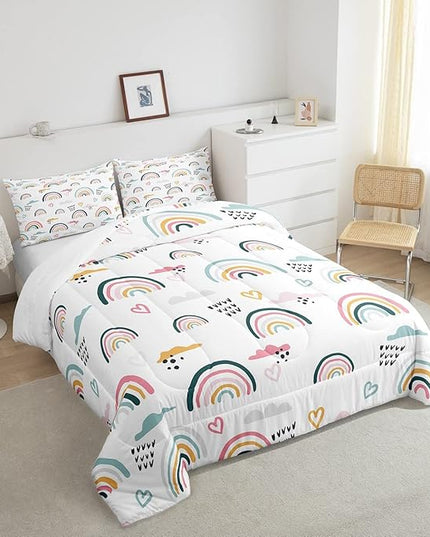 Erosebridal Rainbow Bedding Set for Kids Girls, Pink Love Heart Comforter Set King Size Cartoon Cloud Geometric Stripes Bedding Comforter for Boys Children Women Watercolor Art Girly Duvet Sets - LeafyLoom