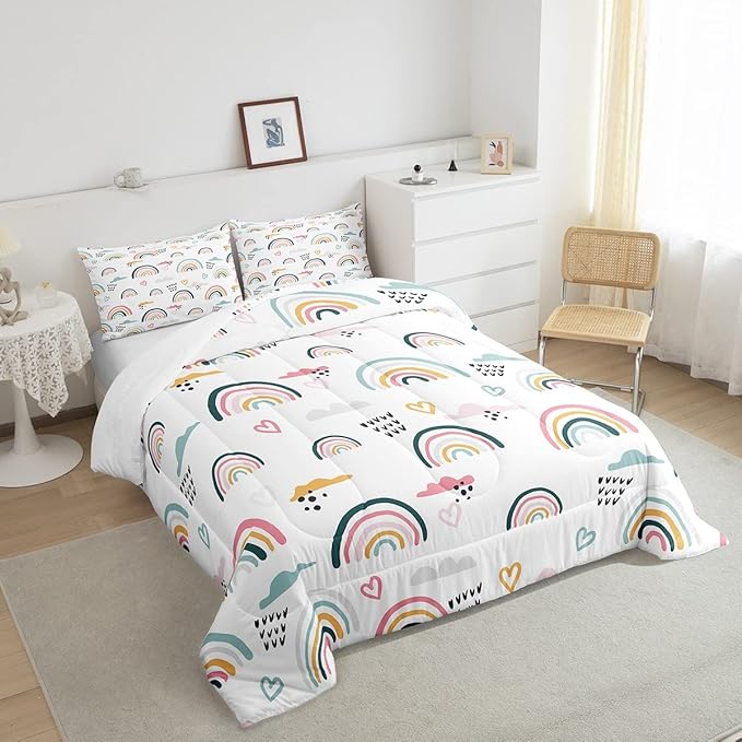 Erosebridal Rainbow Bedding Set for Kids Girls, Pink Love Heart Comforter Set King Size Cartoon Cloud Geometric Stripes Bedding Comforter for Boys Children Women Watercolor Art Girly Duvet Sets - LeafyLoom
