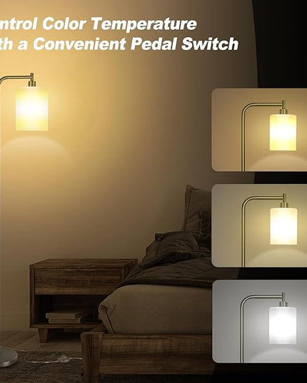 QiMH Floor Lamps for Living Room, Modern LED Standing Reading Light for Bedroom with Glass Shade, Tall Industrial 3 Colors Dimmable Pole Lamp with Foot Control for Home Office Corner Decor (Silver) - LeafyLoom