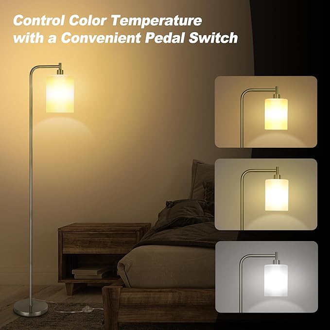 QiMH Floor Lamps for Living Room, Modern LED Standing Reading Light for Bedroom with Glass Shade, Tall Industrial 3 Colors Dimmable Pole Lamp with Foot Control for Home Office Corner Decor (Silver) - LeafyLoom
