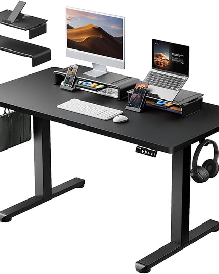 ProtoArc Standing Desk with Dual Monitor Stand Riser, 48 x 24 Inches Height Adjustable Desk with Storage, ErgoDesk 100 Electric Stand up Desk with Laptop Stand (Black/White) - LeafyLoom