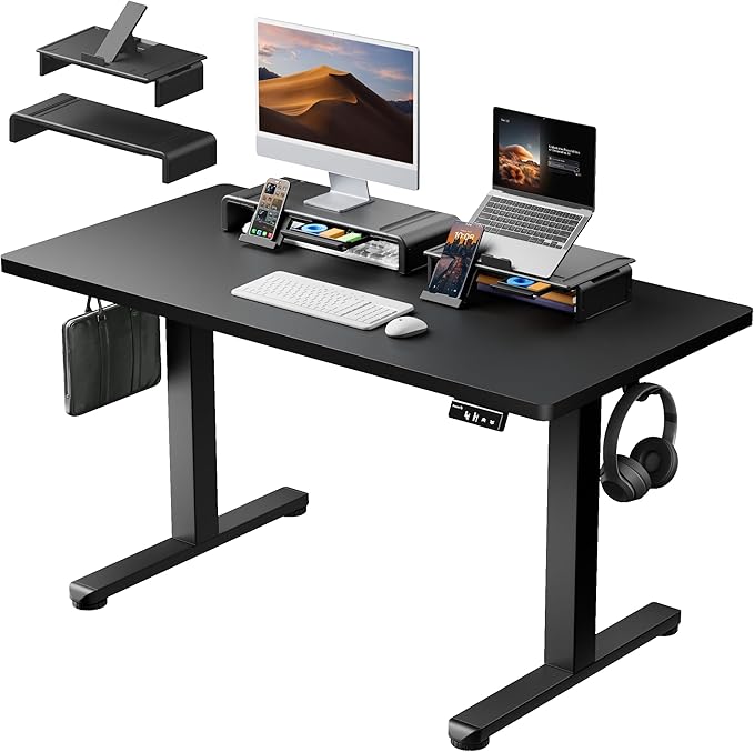 ProtoArc Standing Desk with Dual Monitor Stand Riser, 48 x 24 Inches Height Adjustable Desk with Storage, ErgoDesk 100 Electric Stand up Desk with Laptop Stand (Black/White) - LeafyLoom