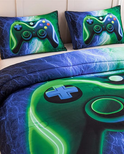 Meeting Story Gamer Gaming Bedding Sets Red Blue Lightnings Gamepad Comforter Set for Boys Games Console Action Buttons Novelty Colorful Modern Room Decor Home Quilt Set (Blue-Green, Queen) - LeafyLoom