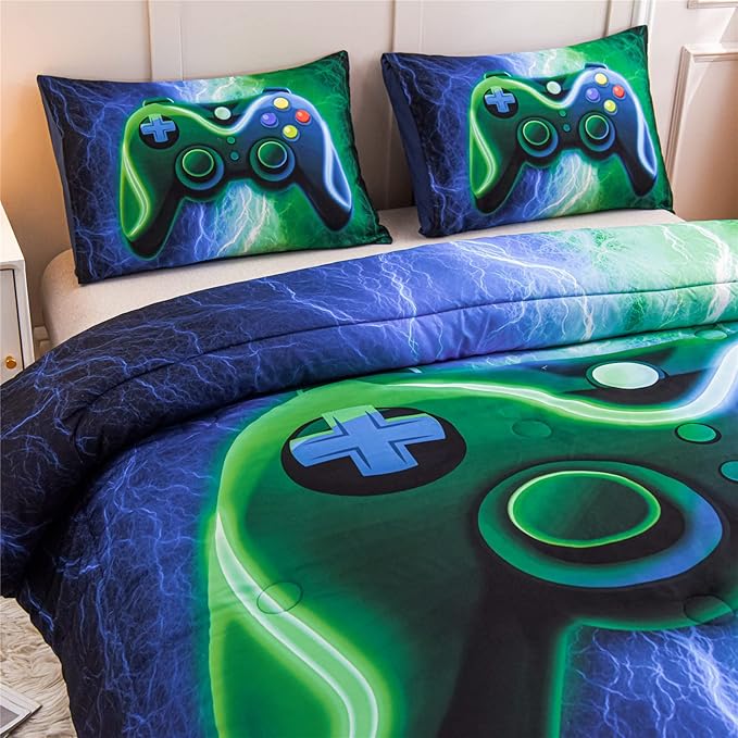 Meeting Story Gamer Gaming Bedding Sets Red Blue Lightnings Gamepad Comforter Set for Boys Games Console Action Buttons Novelty Colorful Modern Room Decor Home Quilt Set (Blue-Green, Queen) - LeafyLoom