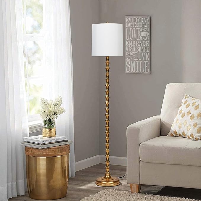 64.5" Gold Floor Lamp for Living Room, Gold Bamboo Floor Lamps for Bedroom, Tall Skinny Lamp for Home Decor, Mid Century Antique Floor Lamps with White Lampshade, Gold Standing Lamp for Corner - LeafyLoom