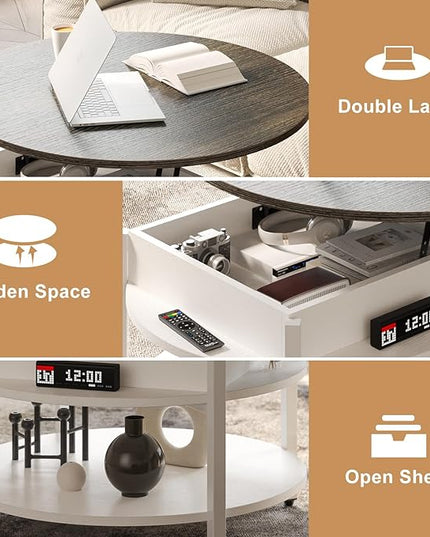 FABATO Round Lift Top Coffee Table with Storage and Hidden Compartment, 26.77'' Farmhouse Coffee Table for Living Room Reception Room, 2 Tier Small Round Coffee Table Circle Dining Table, White - LeafyLoom