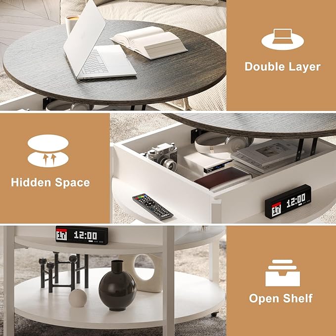 FABATO Round Lift Top Coffee Table with Storage and Hidden Compartment, 26.77'' Farmhouse Coffee Table for Living Room Reception Room, 2 Tier Small Round Coffee Table Circle Dining Table, White - LeafyLoom