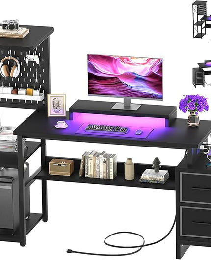 Computer Desk with 2 Fabric Drawers - Reversible Home Office Desk with Power Outlet & LED Lights, 53" Writing Desk with Monitor Stand & Storage Shelves, Gaming Desk Study Table with Pegboard, Black - LeafyLoom