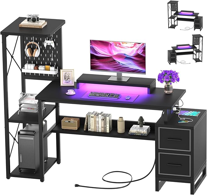 Computer Desk with 2 Fabric Drawers - Reversible Home Office Desk with Power Outlet & LED Lights, 53" Writing Desk with Monitor Stand & Storage Shelves, Gaming Desk Study Table with Pegboard, Black - LeafyLoom