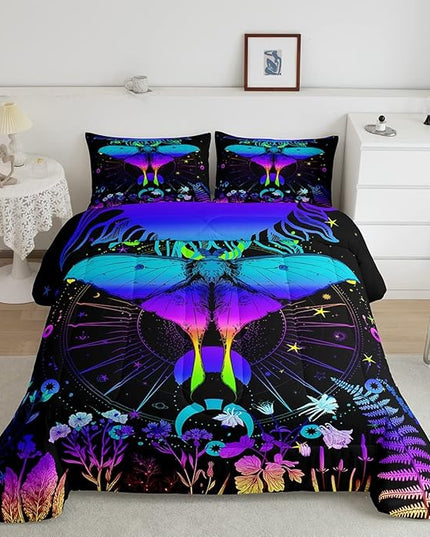Erosebridal Moth Comforter Set King Hippie Psychedelic Sun and Moon Bedding Set,Purple Blue Ombre Galaxy Floral Botanical Comforter for Girls Teens Women Stars Planet Quilt Duvet 2 Pillowcases - LeafyLoom