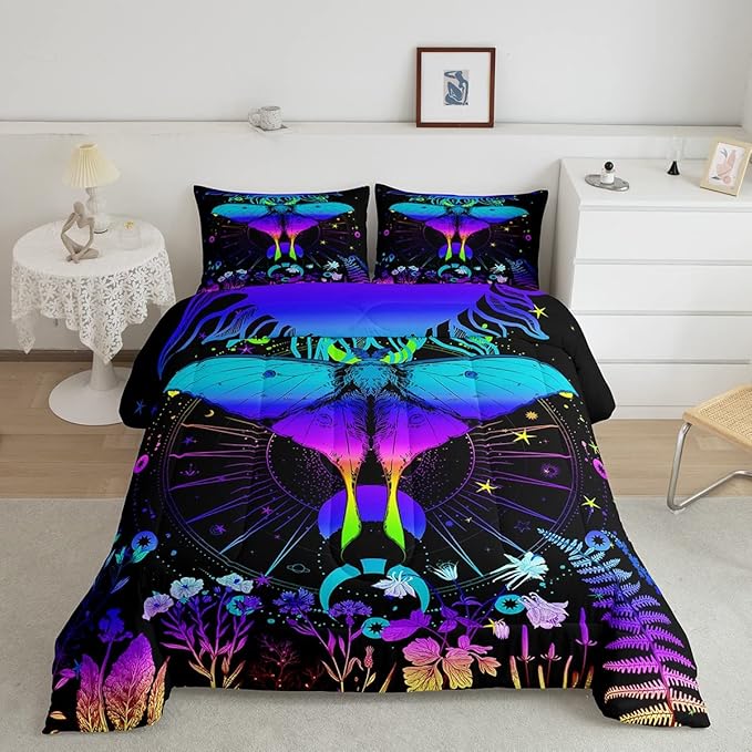 Erosebridal Moth Comforter Set King Hippie Psychedelic Sun and Moon Bedding Set,Purple Blue Ombre Galaxy Floral Botanical Comforter for Girls Teens Women Stars Planet Quilt Duvet 2 Pillowcases - LeafyLoom