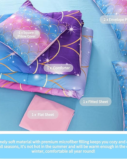 RYNGHIPY 6Pcs Teal Pink Sparkle Mermaid Comforter Sets Queen Size, 3D Rainbow Glitter Girls Bedding Sets, Ombre Pastel Fish Scale Bedding Collection Sets - LeafyLoom