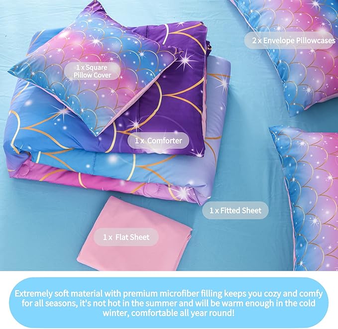 RYNGHIPY 6Pcs Teal Pink Sparkle Mermaid Comforter Sets Full Size, 3D Rainbow Glitter Girls Bedding Sets, Ombre Pastel Fish Scale Bedding Collection Sets - LeafyLoom