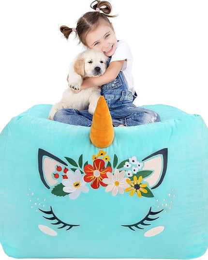 Aubliss Unicorn Stuffed Animal Storage Bean Bag Chair for Kids, Velvet Extra Soft Beanbag Chairs Cover, X-Large Stuffable Zipper Bean Bag for Organizing Plush Toys Girls Bedroom Decor, Cyan Floral - LeafyLoom