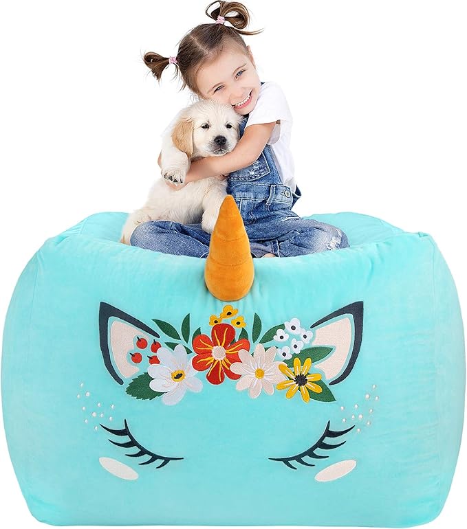 Aubliss Unicorn Stuffed Animal Storage Bean Bag Chair for Kids, Velvet Extra Soft Beanbag Chairs Cover, X-Large Stuffable Zipper Bean Bag for Organizing Plush Toys Girls Bedroom Decor, Cyan Floral - LeafyLoom