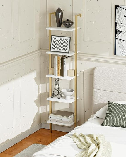 NUMENN Industrial Ladder Shelf, 5 Tier Book Shelf, Open Space Wall Mount Bookshelf with Metal Frame, Sturdy Book Shelves, Bookcase for Living Room, White and Gold - LeafyLoom