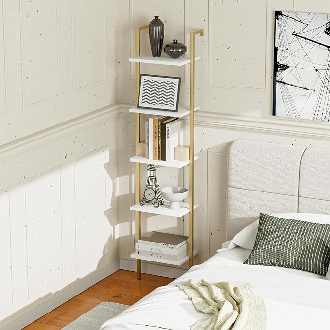 NUMENN Industrial Ladder Shelf, 5 Tier Book Shelf, Open Space Wall Mount Bookshelf with Metal Frame, Sturdy Book Shelves, Bookcase for Living Room, White and Gold - LeafyLoom