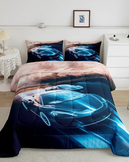 Erosebridal King Size Comforter Set for Boys Race Car Bedding Bedroom Decor, Sports Car for Boys Girls Teen Kids Children Car Racing Gifts, Race Cars Bed Set,Blue Black - LeafyLoom