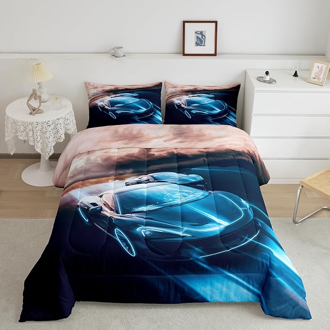 Erosebridal Sports Car Queen Comforter Set, Racing Car Cool Speed Bedding 3pcs for Kids Boys Teens Bedroom Decor, Race Car Blue and Black Print Bedding Comforters & Sets, 1 Comforter 2 Pillowcases - LeafyLoom