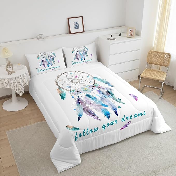 Dreamcatcher Comforter Set Boho Dream Catcher Bedding Set for Kids Boys Girls Teens Decor Indian Hippie Feather Print Comforter Native American Duvet Set 3Pcs King Size - LeafyLoom