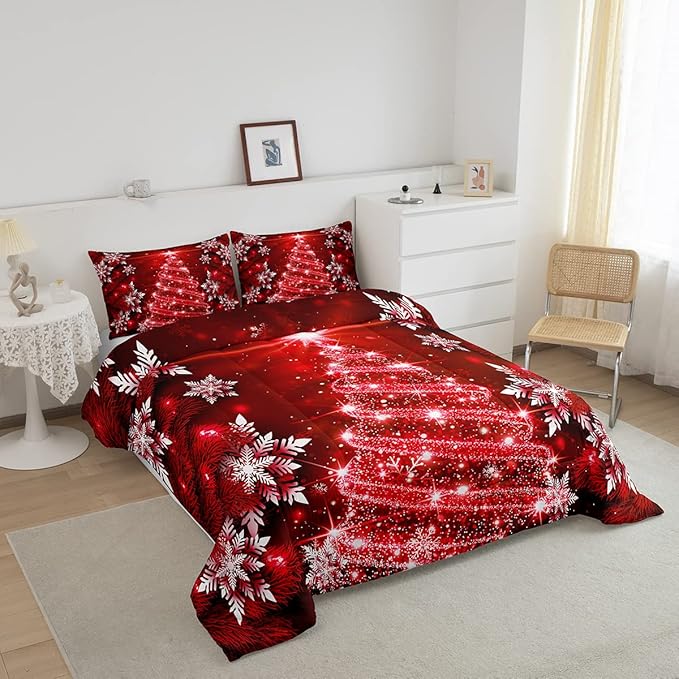 Christmas Tree Comforter Set for Children Kids Boys Girls Luxury Chic Xmas Theme Bedding Set Glitter Snowflake Star Comforter Microfiber Red Duvet Set Room Decor Quilt Set Full Size - LeafyLoom