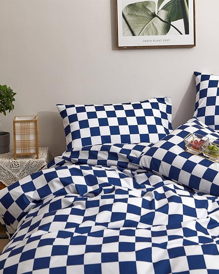 Royal Blue White Grid Comforter Set King Royal Blue Plaid Bedding Set Women Royal Blue and White Checkered Bed Comforter Set Breathable Blanket Set Men Durable Bedding Comforter Set - LeafyLoom