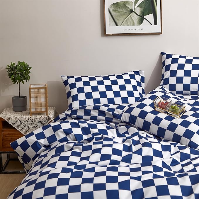 Royal Blue White Grid Comforter Set King Royal Blue Plaid Bedding Set Women Royal Blue and White Checkered Bed Comforter Set Breathable Blanket Set Men Durable Bedding Comforter Set - LeafyLoom