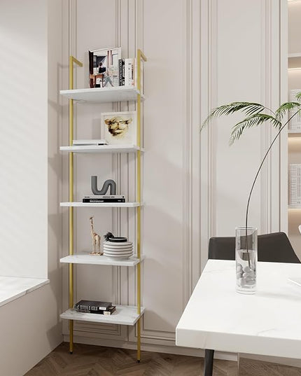 Ladder Shelf 5 Tiers Metal Industrial Bookshelf,White Marble Wood Tall Open Storage Rack and Display Shelves,Wall Mount Wide Book Case for Home Office Bedroom,Small - LeafyLoom