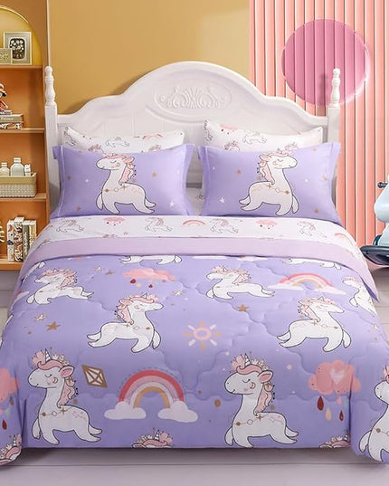 Wajade Kids Purple Unicorn Comforter Set Bed in A Bag Full Size 7 Piece Cute Unicorn Rainbow Clouds Bedding Set for Girls (1 Comforter, 1 Flat Sheet, 1 Fitted Sheet, 2 Pillowcase and 2 Pillow Sham) - LeafyLoom