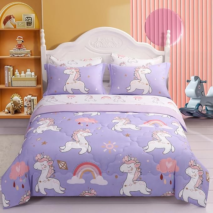 Wajade Kids Purple Unicorn Comforter Set Bed in A Bag Full Size 7 Piece Cute Unicorn Rainbow Clouds Bedding Set for Girls (1 Comforter, 1 Flat Sheet, 1 Fitted Sheet, 2 Pillowcase and 2 Pillow Sham) - LeafyLoom