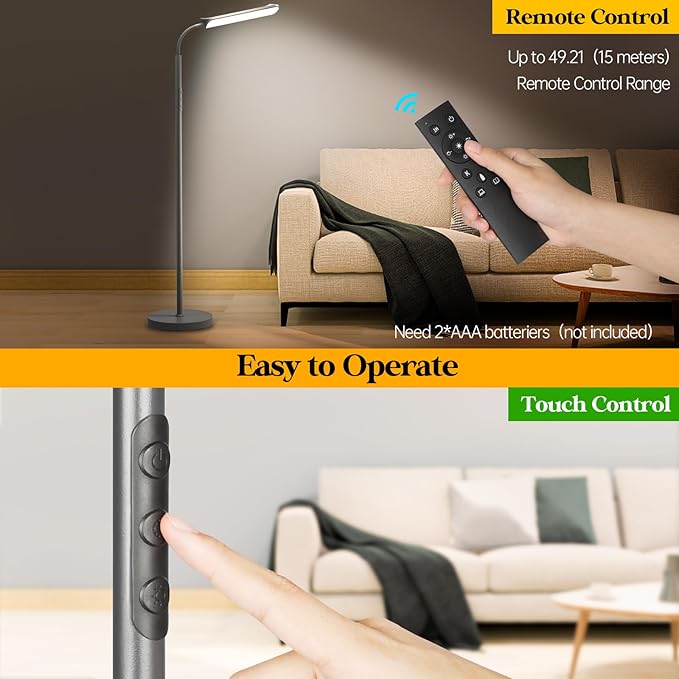LED Floor Lamp, 18W Super Bright Floor Lamp for Living Room, Adjustable Stepless Colors & Brightness Gooseneck Standing Lamp, Eye Caring Reading Light with Remote& Touch Control for Bedroom Office - LeafyLoom