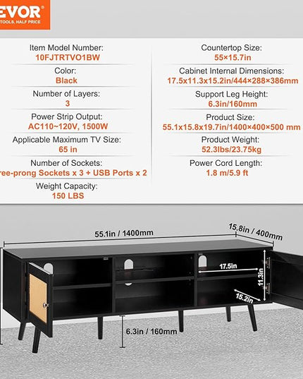 VEVOR Rattan TV Stand for 65 inch TV, Boho TV Stand with Rattan Door, Entertainment Center with Build-in Socket and USB Ports, Modern TV Console for Living Room, Media Room, Black - LeafyLoom