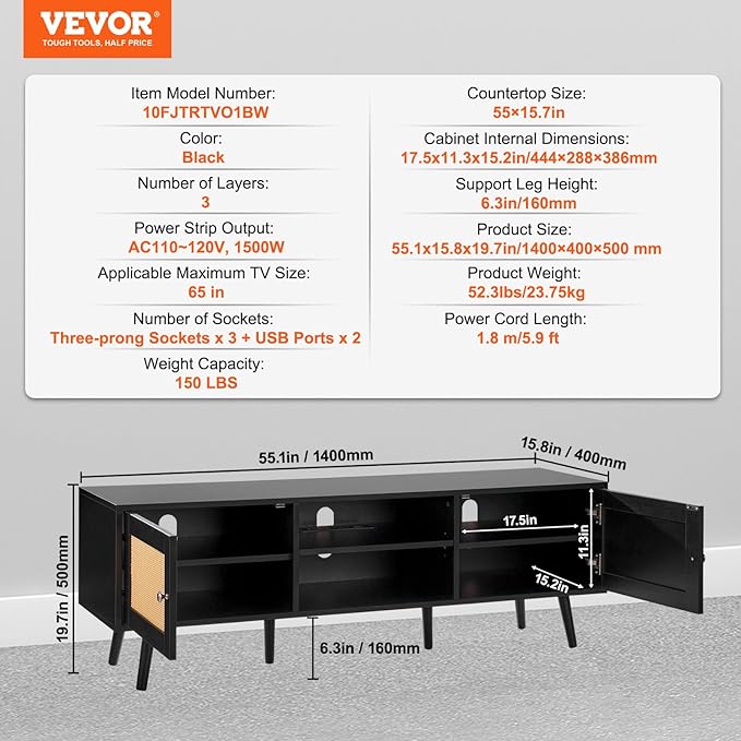 VEVOR Rattan TV Stand for 65 inch TV, Boho TV Stand with Rattan Door, Entertainment Center with Build-in Socket and USB Ports, Modern TV Console for Living Room, Media Room, Black - LeafyLoom