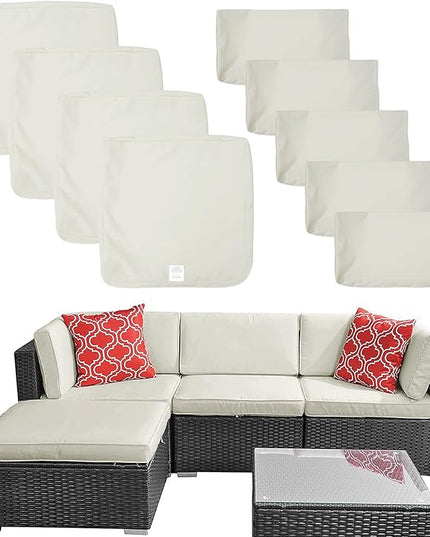 ClawsCover 9Pack Outdoor Seat and Back Cushions Replacement Covers Fit for 5 Pieces 4-Seater Wicker Rattan Furniture Patio Conversation Set Sectional Couch,Cream-Include Cover Only (Large) - LeafyLoom