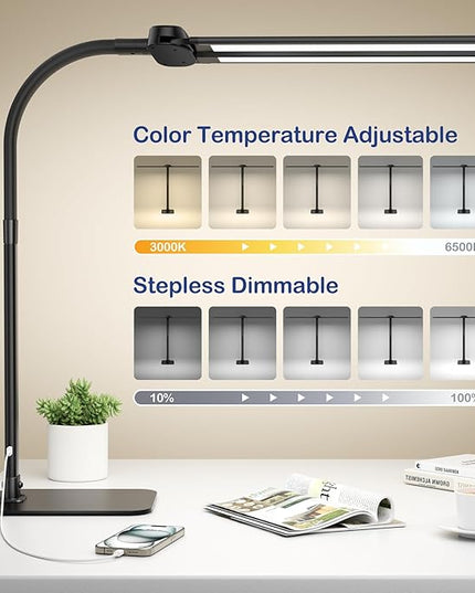 Desk Lamp with USB Charging Port for Home Office 24w Architect Remote Base Dual Task Led Light Modern 5 Color Modes Dimmable Adjustable Gooseneck Double Head Reading Drafting Eye Caring Tall Lamps - LeafyLoom