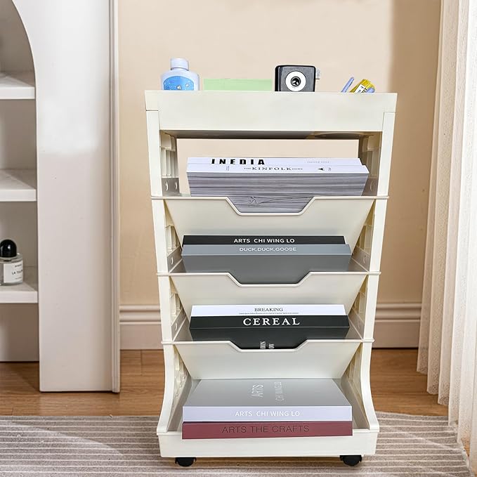 5-Tier Mobile Bookshelf, Book Storage Organization with Wheels Movable Rolling Book Cart for Study in Bedroom School Office, Light Yellow Drcoevo - LeafyLoom