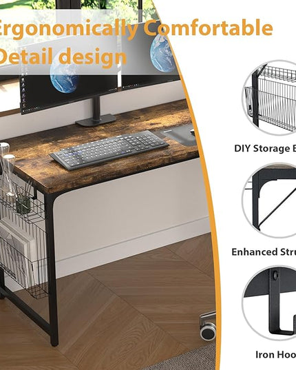 yoyomax Computer Desk, 55 Inch Home Office Desk, Wood Simple Style Student Writing Desk, Study PC Table with Storage Basket and Headphone Hooks, Rustic Brown - LeafyLoom